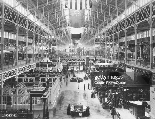 High-angle, interior view of the Agricultural Building, one of the exhibit halls at the World's Columbian Exposition, Chicago, Illinois, 1893.