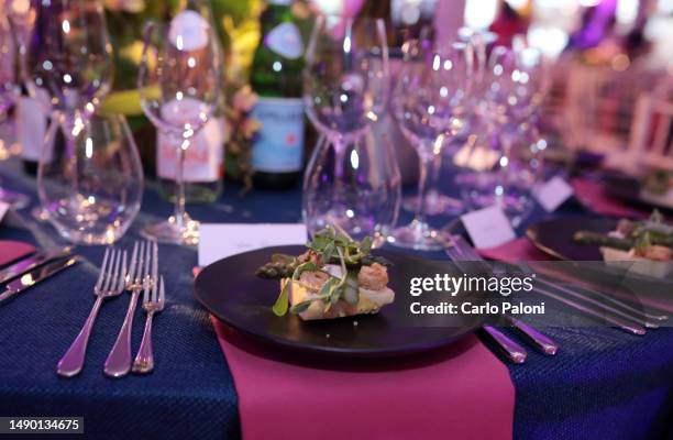 General view of the table setting during the 2023 BAFTA Television Awards with P&O Cruises Dinner at The Royal Festival Hall on May 14, 2023 in...