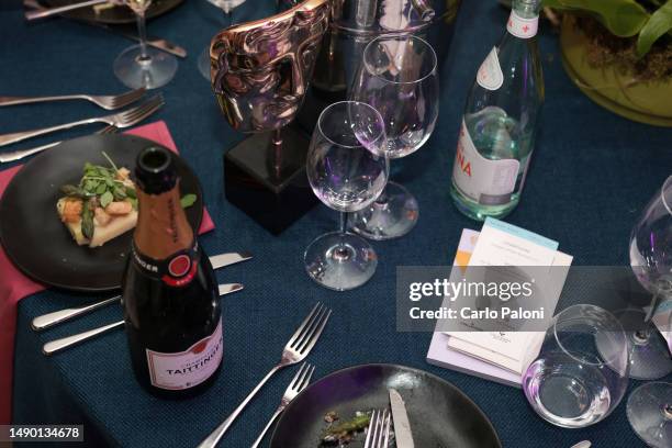 General view of the table setting during the 2023 BAFTA Television Awards with P&O Cruises Dinner at The Royal Festival Hall on May 14, 2023 in...