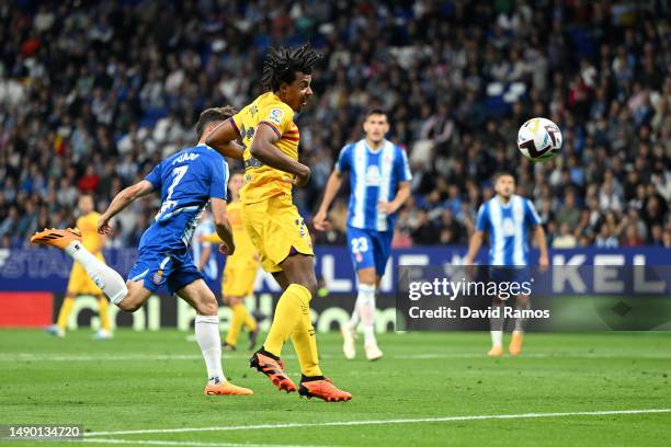 Jules Kounde of FC Barcelona scores the team's fourth goal during the LaLiga Santander match between RCD Espanyol and FC Barcelona at RCDE Stadium on...