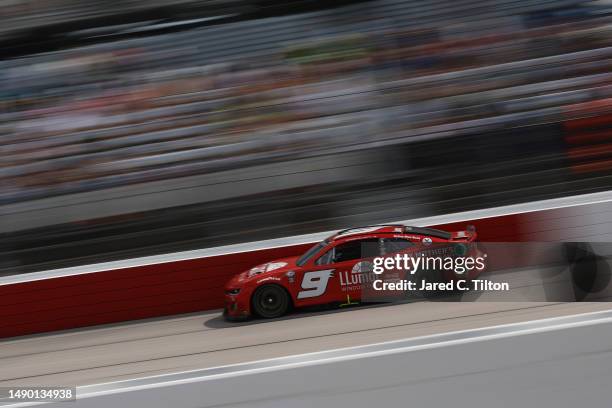Chase Elliott, driver of the LLumar Throwback Chevrolet, drives during the NASCAR Cup Series Goodyear 400 at Darlington Raceway on May 14, 2023 in...