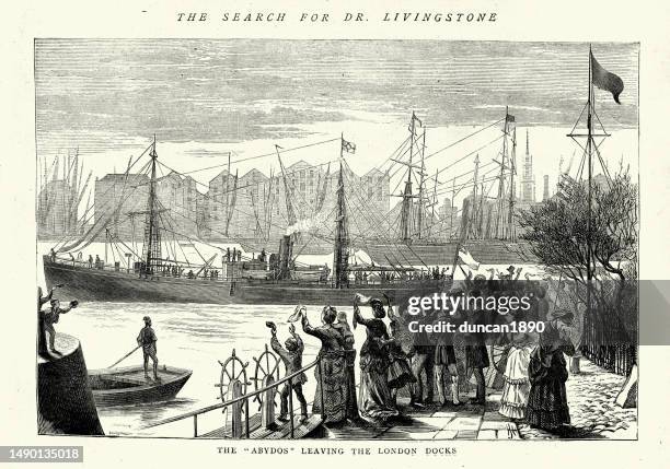ilustraciones, imágenes clip art, dibujos animados e iconos de stock de expedición en busca del dr. david livingstone, los abydos, el barco en el que navegaron hacia áfrica, saliendo de london docks. grabado, 1872, siglo 19 - london docklands