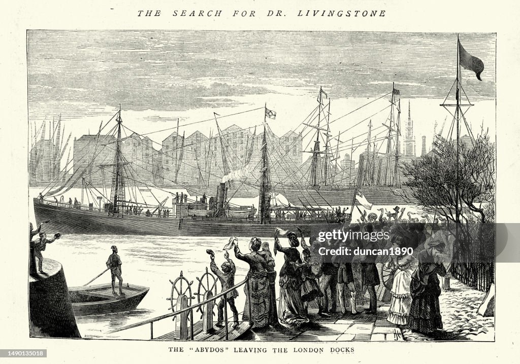 Expedition in search of Dr David Livingstone, the Abydos, the ship on which they sailed to Africa, leaving London Docks. Etching, 1872, 19th Century