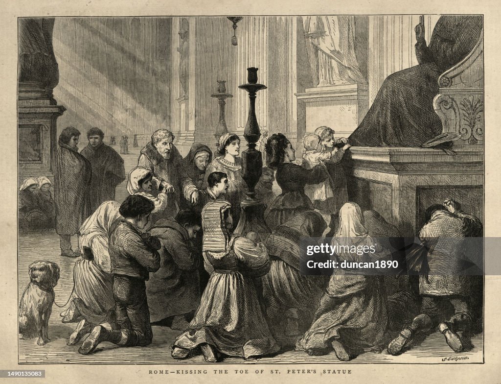 聖ペテロ像のつま先にキスをするローマの巡礼者、1872年、19世紀
