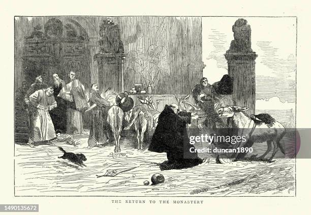 stubborn donkey refusing to go back home to the monastery, monk pulling on reins, 1870s, 19th century - stubborn stock illustrations