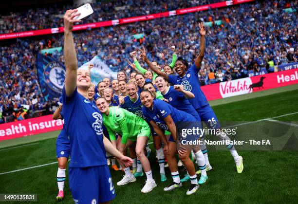 Chelsea celebrate their teams victory by taking a group selfie photograph during the Vitality Women's FA Cup Final match between Chelsea and...