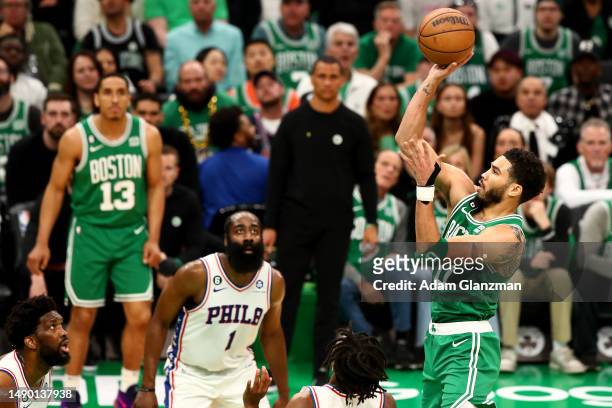 Jayson Tatum of the Boston Celtics shoots the ball against James Harden of the Philadelphia 76ers during the second quarter in game seven of the 2023...