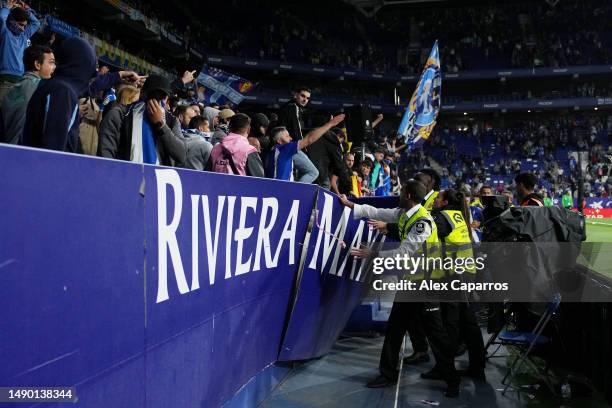 Fans of RCD Espanyol react after the LaLiga Santander match between RCD Espanyol and FC Barcelona at RCDE Stadium on May 14, 2023 in Barcelona, Spain.