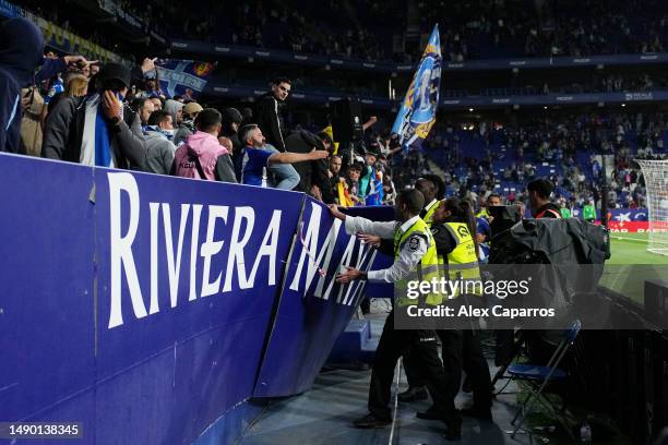 Fans of RCD Espanyol react after the LaLiga Santander match between RCD Espanyol and FC Barcelona at RCDE Stadium on May 14, 2023 in Barcelona, Spain.
