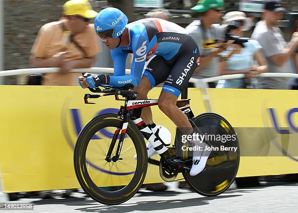 David Millar of Great Britain and Garmin-Sharp team in action during stage nineteen of the 2012 Tour de France, a 53.5km time trial from Bonneval to...