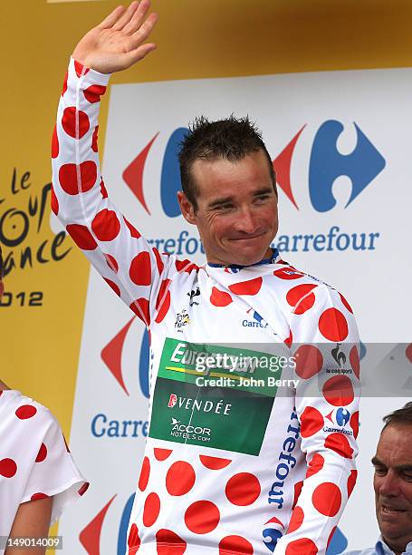 Thomas Voeckler of France and Team Europcar wears the best climber jersey during the trophy ceremony of the stage nineteen of the 2012 Tour de...