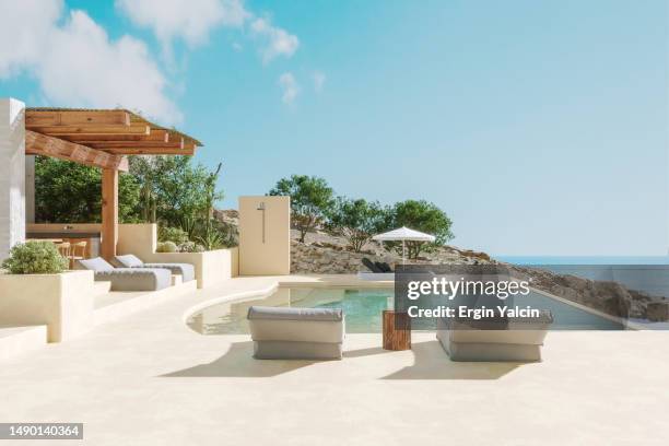 modern beach hotel with sea view swimming pool - mediterranean sea stock pictures, royalty-free photos & images