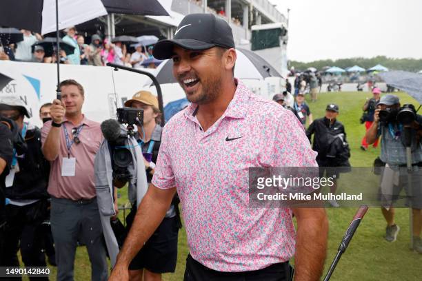 Jason Day of Australia walks off the 18th green after finishing his round during the final round of the AT&T Byron Nelson at TPC Craig Ranch on May...