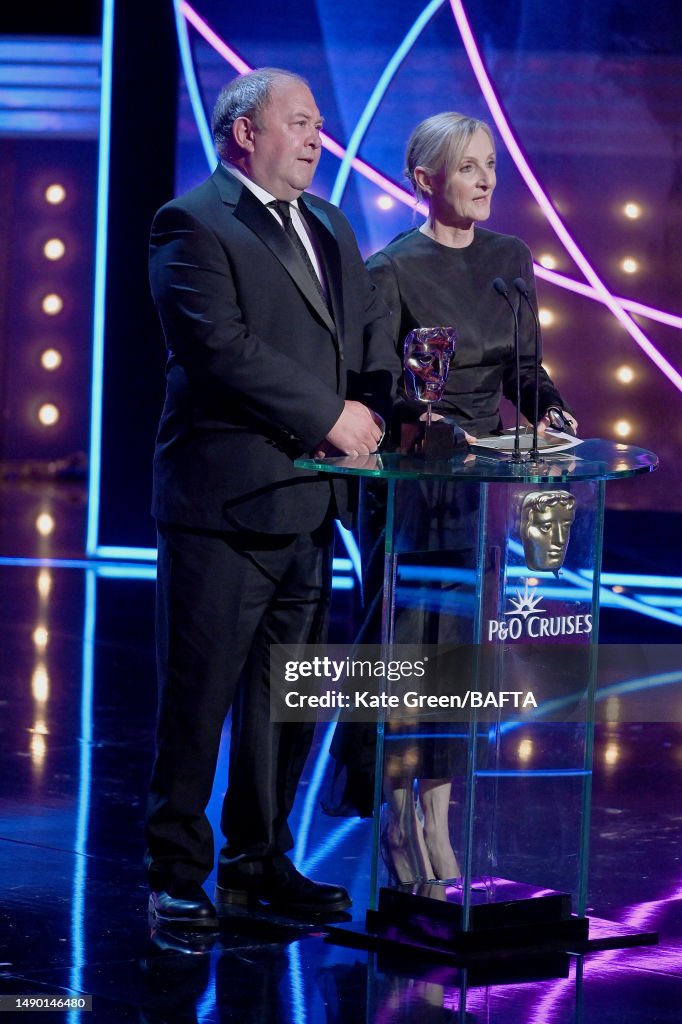 Mark Addy and Lesley Sharp onstage during the 2023 BAFTA Television ...