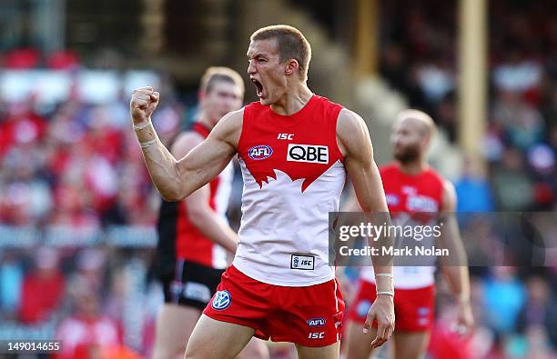 Sam Reid of the Swans celebrates kicking a goal during the round 17 AFL match between the Sydney Swans and the St Kilda Saints at the Sydney Cricket...