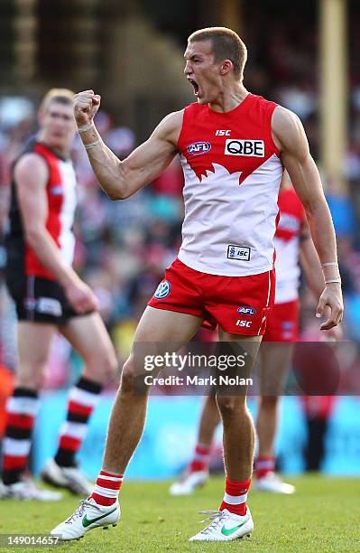 Sam Reid of the Swans celebrates kicking a goal during the round 17 AFL match between the Sydney Swans and the St Kilda Saints at the Sydney Cricket...