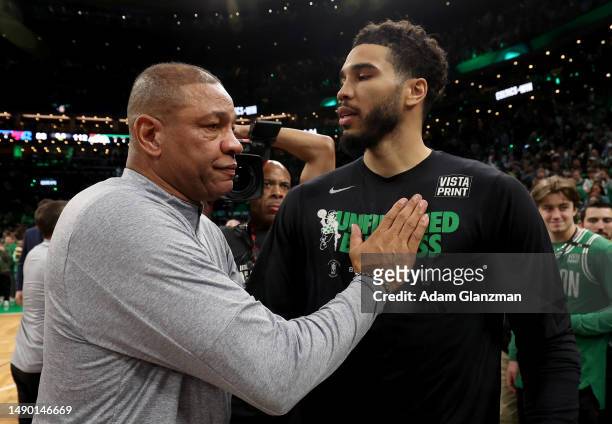 Head Coach Doc Rivers of the Philadelphia 76ers congratulates Jayson Tatum of the Boston Celtics after game seven of the 2023 NBA Playoffs Eastern...