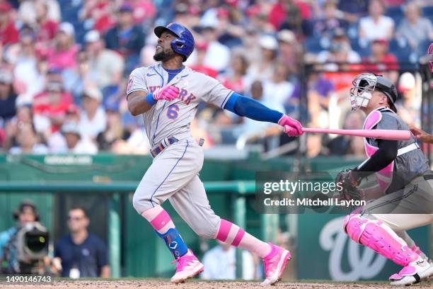 Starling Marte of the New York Mets singles in two runs in the fifth inning during game two of a doubleheader against the Washington Nationals on May...