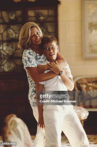 Anna Murdoch, nee Torv, wife of media mogul Rupert Murdoch, with their son James Murdoch, New York City, 1985.