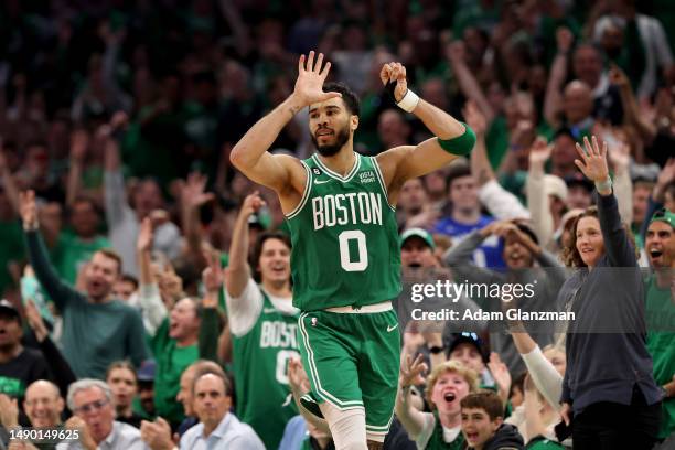 Jayson Tatum of the Boston Celtics celebrates breaking 50 points against the Philadelphia 76ers during the fourth quarter in game seven of the 2023...