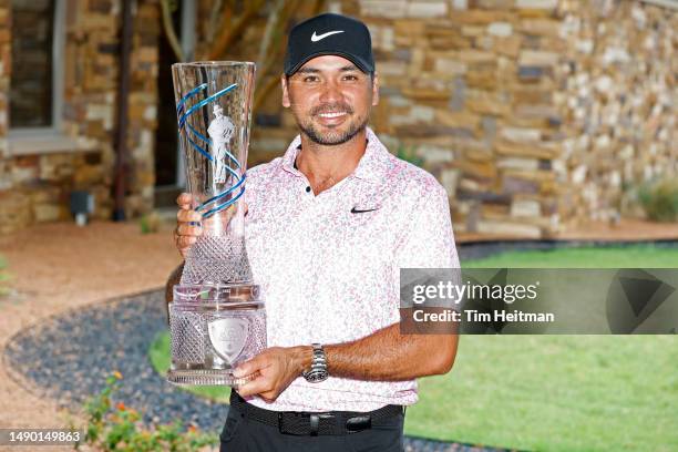 Jason Day of Australia poses for photos with the trophy after winning the AT&T Byron Nelson at TPC Craig Ranch on May 14, 2023 in McKinney, Texas.