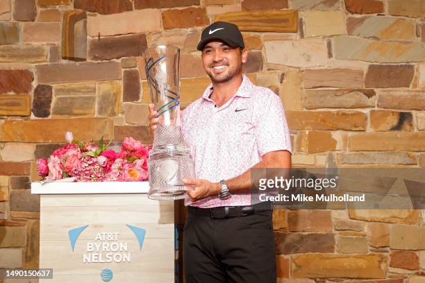Jason Day of Australia poses for photos with the trophy after winning the AT&T Byron Nelson at TPC Craig Ranch on May 14, 2023 in McKinney, Texas.