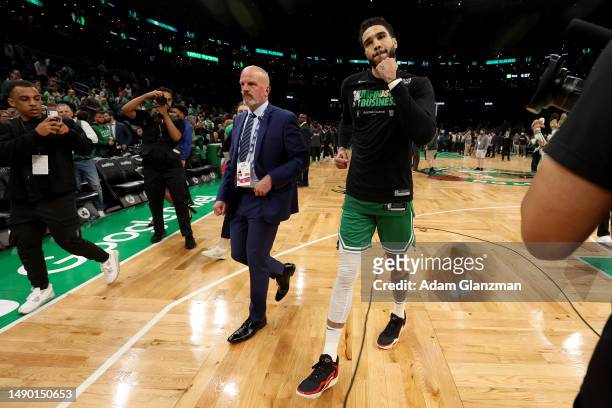Jayson Tatum of the Boston Celtics celebrates after defeating the Philadelphia 76ers in game seven to win the 2023 NBA Playoffs Eastern Conference...