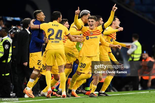 Rafinha, Eric Garcia, Gavi, Sergi Roberto and Ferran Torres of FC Barcelona celebrate winning the LaLiga Santander Title after victory in the LaLiga...