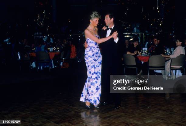 Diana, Princess of Wales dances with her husband, Charles, Prince of Wales, during a reception held in their honor January 27, 1988 in Sydney,...