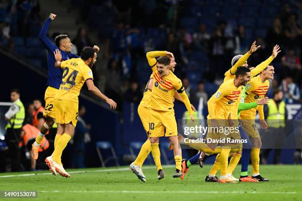 Rafinha, Eric Garcia, Gavi, Sergi Roberto and Ferran Torres of FC Barcelona celebrate winning the LaLiga Santander Title after victory in the LaLiga...