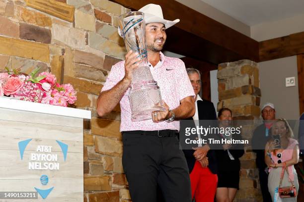 Jason Day of Australia poses for photos with the trophy after winning the AT&T Byron Nelson at TPC Craig Ranch on May 14, 2023 in McKinney, Texas.