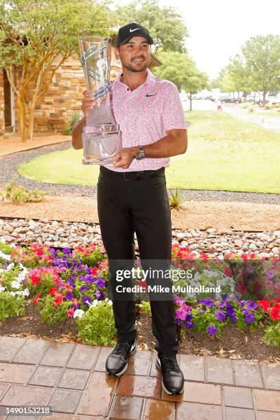 Jason Day of Australia poses for photos with the trophy after winning the AT&T Byron Nelson at TPC Craig Ranch on May 14, 2023 in McKinney, Texas.