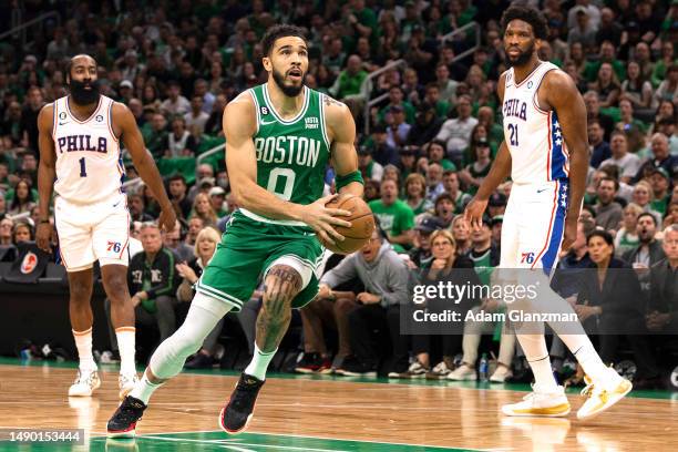 Jayson Tatum of the Boston Celtics drives to the basket against the Philadelphia 76ers during the fourth quarter in game seven of the 2023 NBA...