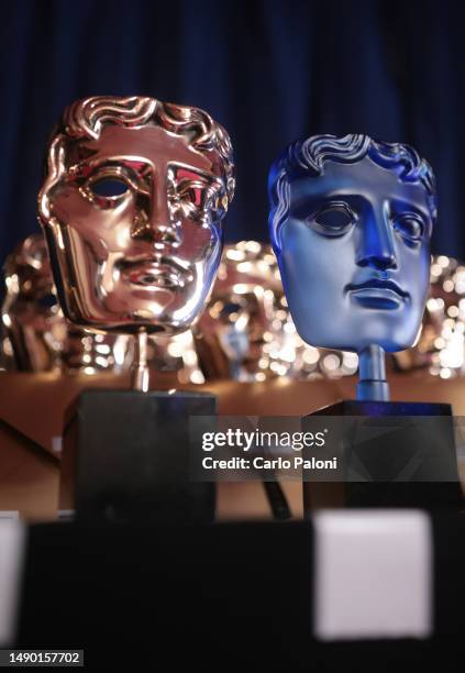 General view of trophies backstage during the 2023 BAFTA Television Awards with P&O Cruises at The Royal Festival Hall on May 14, 2023 in London,...