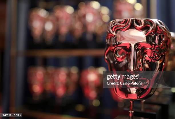 General view of trophies backstage during the 2023 BAFTA Television Awards with P&O Cruises at The Royal Festival Hall on May 14, 2023 in London,...