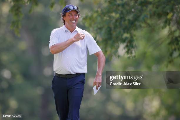 Stephen Ames of Canada smiles as he arrives on the second hole during the final round of the Regions Tradition at Greystone Golf and Country Club on...
