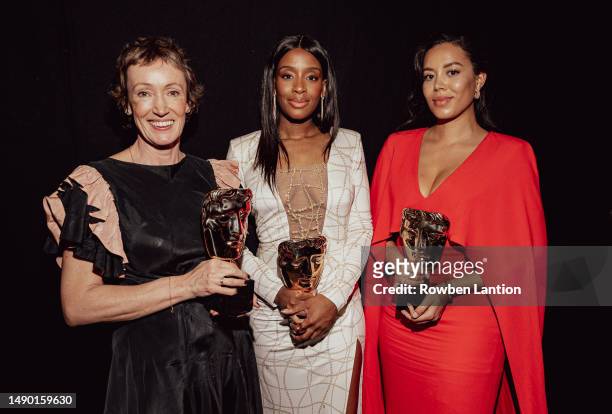 Margery Bone, Lisa Walters and Nicole Lecky backstage during the 2023 BAFTA Television Awards with P&O Cruises at The Royal Festival Hall on May 14,...