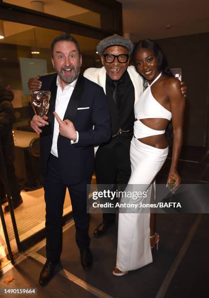 Lee Mack, Jay Blades and AJ Odudu attend the 2023 BAFTA Television Awards with P&O Cruises After Party at The Royal Festival Hall on May 14, 2023 in...
