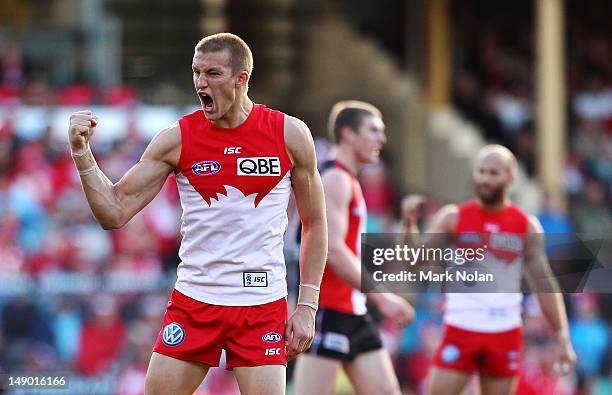 Sam Reid of the Swans celebrates kicking a goal during the round 17 AFL match between the Sydney Swans and the St Kilda Saints at the Sydney Cricket...