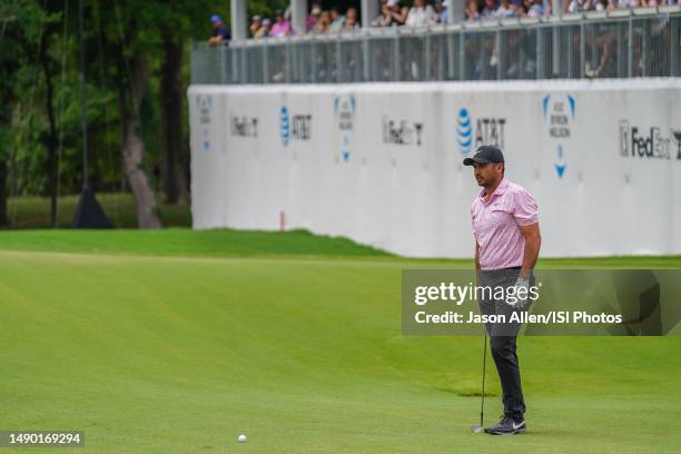Jason Day of Australia checks his line on hole during the Final Round of the AT&T Byron Nelson at TPC Craig Ranch on May 14, 2023 in McKinney, Texas....