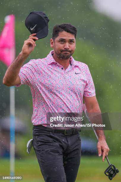 Jason Day of Australia happy after making his putt on the 18th green during the Final Round of the AT&T Byron Nelson at TPC Craig Ranch at TPC Craig...