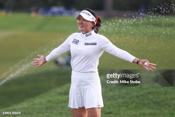 Jin Young Ko of South Korea reacts to a playoff win against Minjee Lee of Australia during the final round of the Cognizant Founders Cup at Upper...