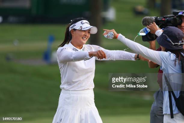 Jin Young Ko of South Korea celebrates a playoff win against Minjee Lee of Australia during the final round of the Cognizant Founders Cup at Upper...