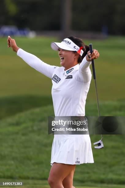 Jin Young Ko of South Korea reacts to a playoff win against Minjee Lee of Australia during the final round of the Cognizant Founders Cup at Upper...