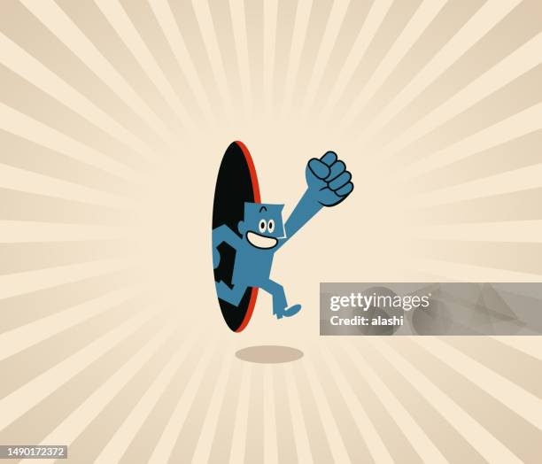 ilustraciones, imágenes clip art, dibujos animados e iconos de stock de un hombre azul sonriente sale de su zona de confort - zona de confort