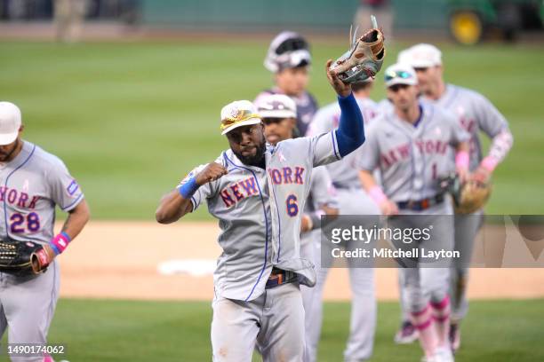 Starling Marte of the New York Mets celebrates a win after a baseball game against the Washington Nationals at Nationals Park on May 14, 2023 in...