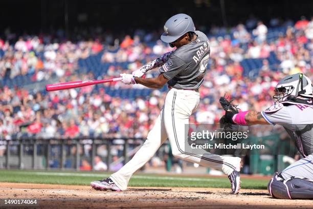 Abrams of the Washington Nationals singles in a run in the second inning during game two of a doubleheader against the New York Mets on May 14, 2023...