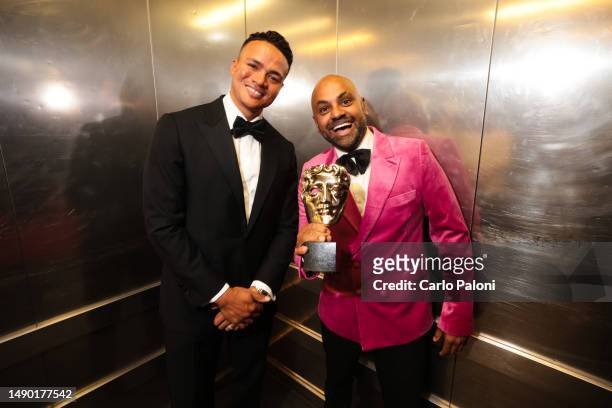 Jermaine Jenas and Whisper Productions CEO Sunil Patel with the Sports Coverage Award for 'UEFA Women's Euro 2022' during the 2023 BAFTA Television...