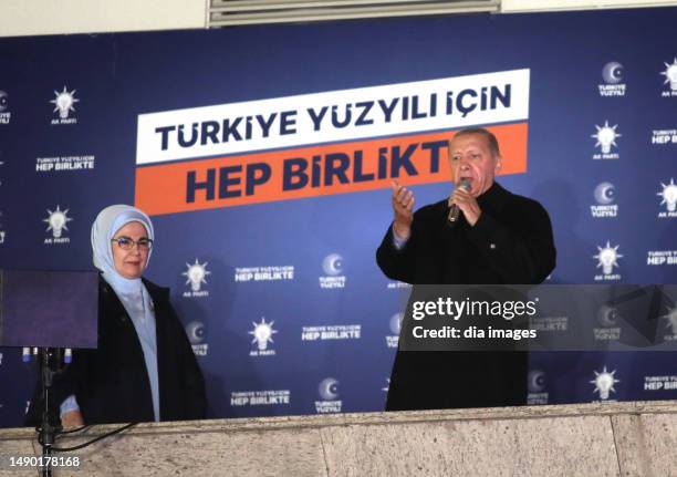 President Recep Tayyip Erdoğan delivers a speech from a balcony on May 15, 2023 in Ankara, Türkiye. Turkey votes for its 13th President, who will...