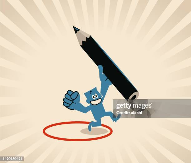ein lächelnder blauer mann mit einem großen bleistift in der hand verlässt seine komfortzone - komfortzone stock-grafiken, -clipart, -cartoons und -symbole